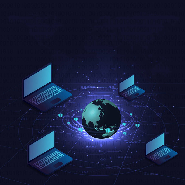 Blockchain concept.Isometric digital blocks connection vector illustration with connected globe and computer on blue background. Linked computer contain cryptography hash and transaction data. - Vector, Image