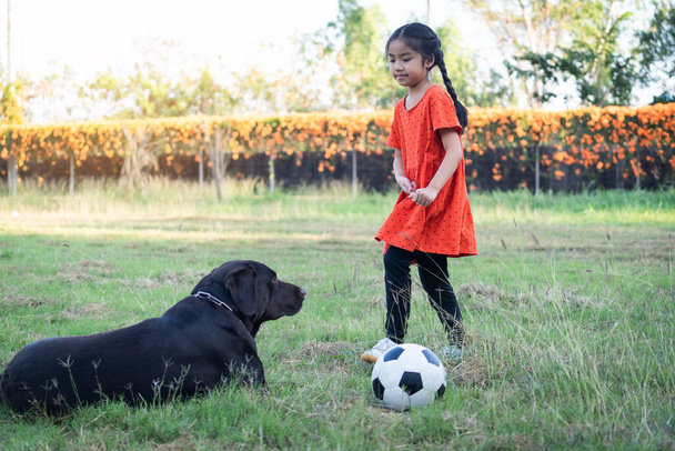 Une jeune fille Asain jouant au football avec son gros chien noir à l'extérieur de la pelouse dans la cour le soir.  - Photo, image