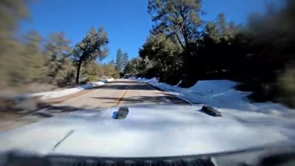 Dashcam näkymä Ajo läpi Snow-vuorattu California Road talvella - Materiaali, video
