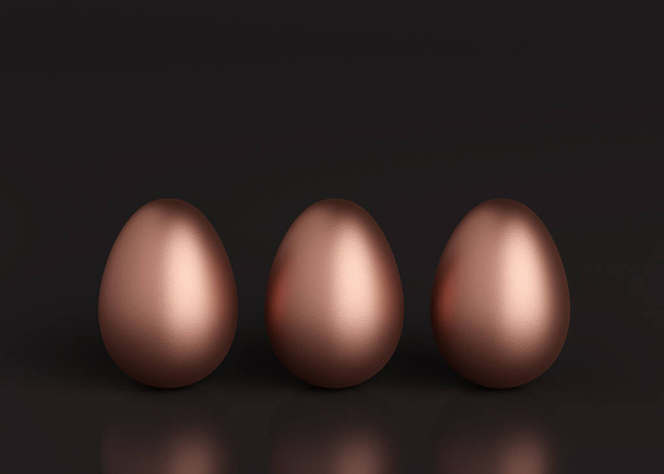 Tres huevos de bronce sobre un fondo negro. Vacaciones de Pascua. Renderizado 3D. - Foto, imagen