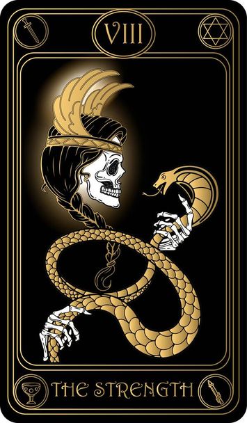  The Strength. The 8th card of Major arcana black and gold tarot cards. Tarot deck. Vector hand drawn illustration with skulls, occult, mystical and esoteric symbols. - Vector, Image