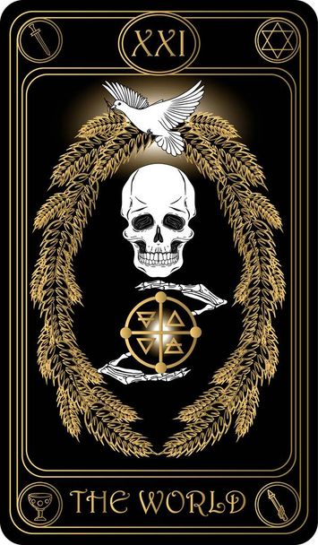   De wereld. De 21e kaart van Major Arcana zwarte en gouden tarotkaarten. Tarotdek. Vector hand getekend illustratie met schedels, occulte, mystieke en esoterische symbolen. - Vector, afbeelding