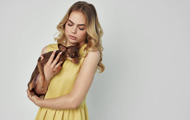 A cheerful blonde in a yellow dress is holding a purebred dog in her hands - Foto, imagen