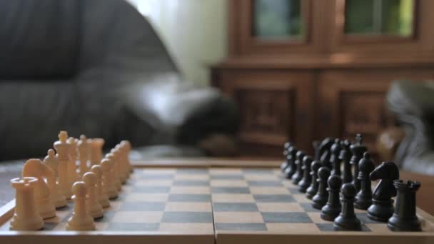 Muž pohybuje šachovými figurkami na šachovnici. Na pozadí starých starých starožitností. Hra šachy.Hráč se pohybuje, rozvíjí šachovou strategii, hrát deskovou hru s soupeřem. - Záběry, video