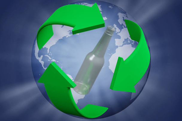 Ilustração 3D. Ecologia. Reciclagem. Símbolo de reciclagem gira em torno de uma garrafa de vidro.  - Foto, Imagem
