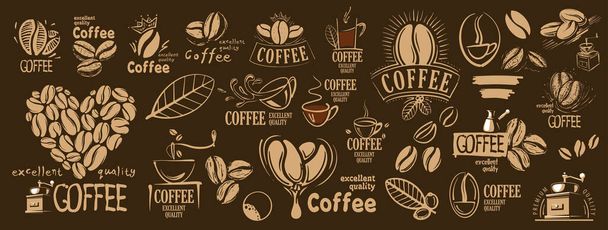 Gran conjunto vectorial de logotipos dibujados y elementos de café - Vector, Imagen