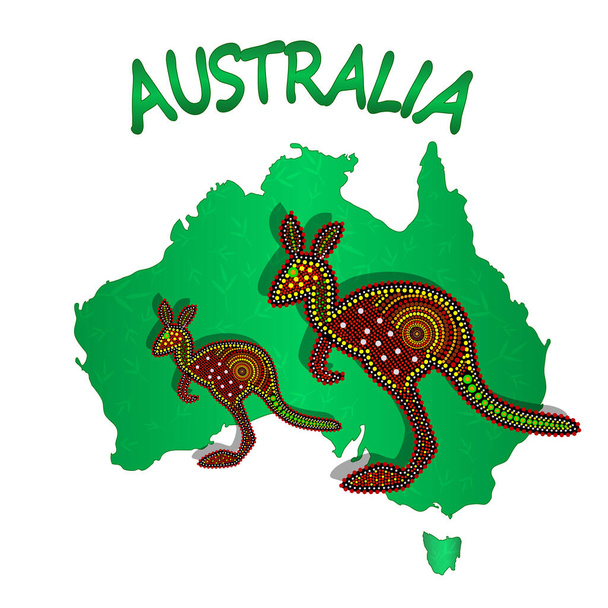 白い背景に2匹のカンガルーが孤立したオーストラリアの地図。オーストラリア大陸。オーストラリア先住民の日。ナイドックの週。ユニオンジャック。和解の日。オーストラリアのポスターデザインへの旅行。ストックベクトルイラスト - ベクター画像