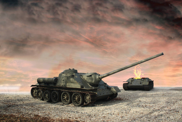 Радянський танковий есмінець СУ-100 на фронті разом з іншим російським знищеним танком на задньому плані. Радянський танк у вогні без башти. - Фото, зображення