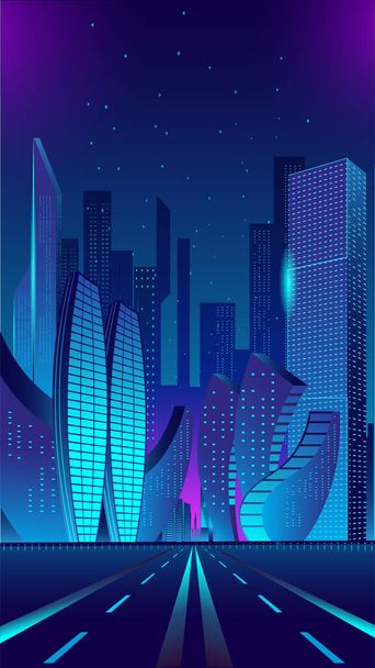 Fantastic city in the style of cyberpunk. Night city of the future. - Vector, Image