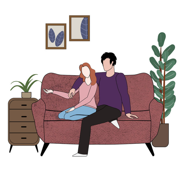 Šťastná rodina odpočívá na gauči. Vektorová plochá ilustrace. Usmívající se muž a žena spolu tráví čas v izolaci. Domácí manžel a manželka na pohodlné pohovce těší domácí zábavu - Vektor, obrázek