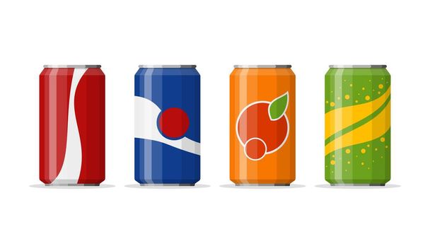 Soda in colored aluminum cans set icons isolated on white background. Soft drinks sign. Carbonated non-alcoholic water with different flavors. Drinks in colored packaging. Vector illustration - Vector, Image