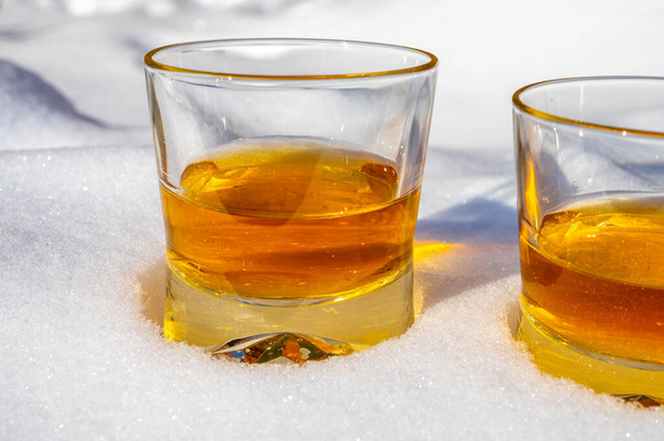 Óculos de whisky de malte único escocês frio na neve branca de perto - Foto, Imagem