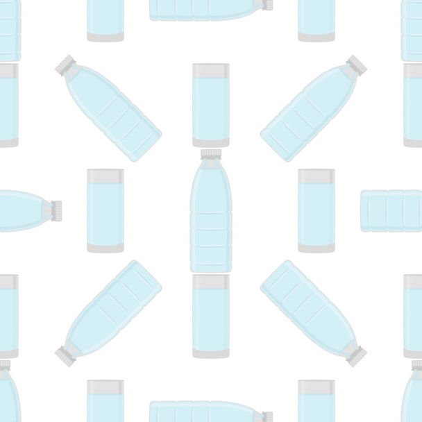 Ілюстрація на тему набору ідентичних типів пластикових пляшок для питної води. Водяний візерунок, що складається з колекції кухонного аксесуара, пластикових пляшок для органічної їжі. Смачна вода в пластикових пляшках
. - Вектор, зображення