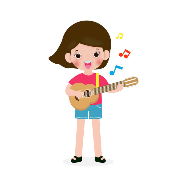 Gitar çalan sevimli çocuk, gitar çalan mutlu çocuk kız. Müzikal performans. Beyaz arka planda izole edilmiş vektör illüstrasyonu. Çizgi film düz stiliyle - Vektör, Görsel