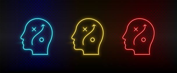 Neon icon set Human mind, head, planing. Set of red, blue, yellow neon vector icon - Wektor, obraz