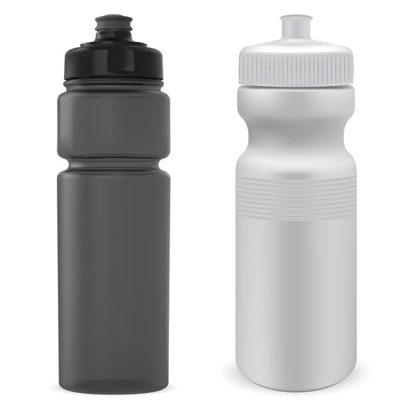 Spor zımbırtısı şişesi. Plastik spor şişesi maketi. Motosiklet matarası siyah beyaz şablon. Yeniden kullanılabilir besin karıştırıcı, atletik vücut geliştirme. Bisiklet şişesi, yürüyüş ya da yoga, turizm - Vektör, Görsel