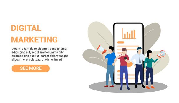 Digital marketing landing page. People with megaphones and giant smartphone - Vector, Image