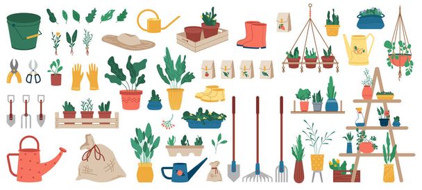 Gardening tools, green plants, farmer equipment - Vector, Image