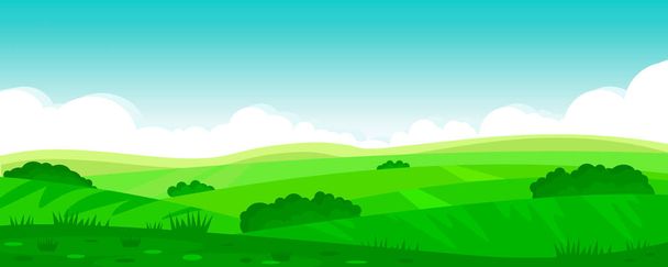 Vektor illusztráció gyönyörű nyári mezők táj, zöld dombok, élénk színű kék ég, ország. Háttér lapos rajzfilm stílusban, banner. - Vektor, kép