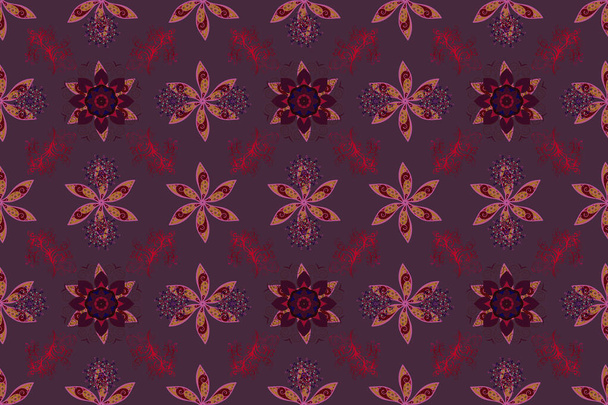 In asian textile style. Flowers on pink, red and brown colors. Raster illustration. Flat Flower Elements Design. Colour Spring Theme seamless pattern Background. Seamless flowers pattern. - Photo, Image