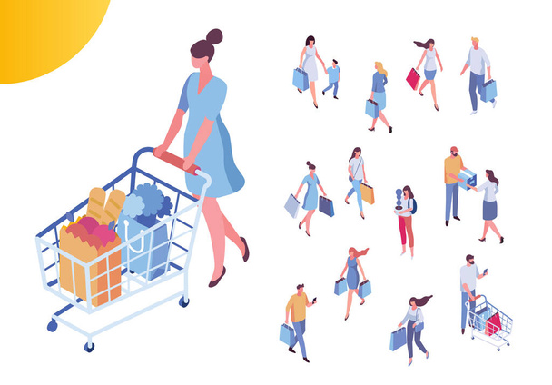 Isometrische Menschen beim Einkaufen. Männer und Frauen mit Einkaufstasche, Einkaufswagen - Vektor, Bild