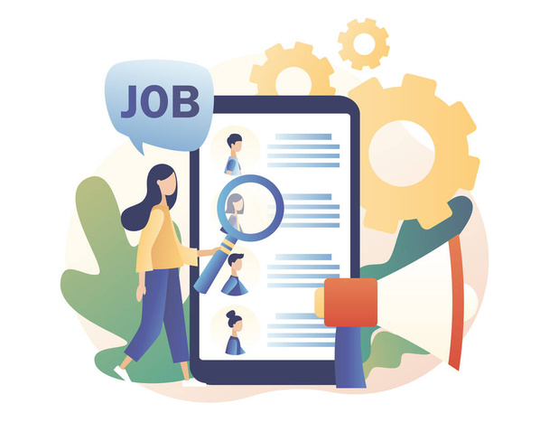 Job hiring and job search concept. Headhunting. We are Hiring. Tiny people interviewed for job. Modern flat cartoon style. Vector illustration on white background - Vector, Image