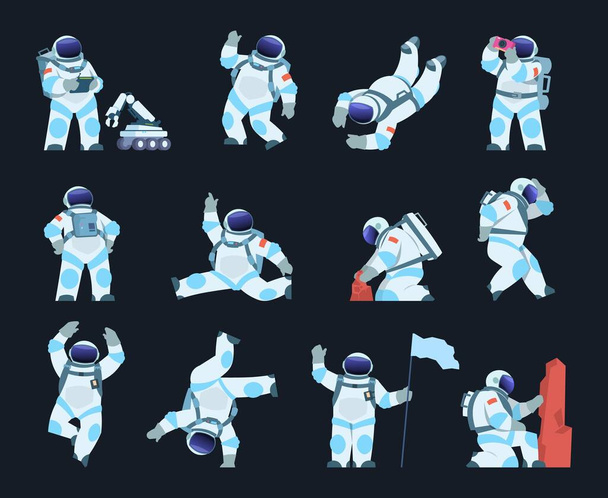 Astronaut. Cartoon spaceman in different poses. Cosmic explorer wears spacesuit and helmet. Cosmonaut takes soil samples or explores surface with space robot. Vector spacewalk scenes set - Vector, Image