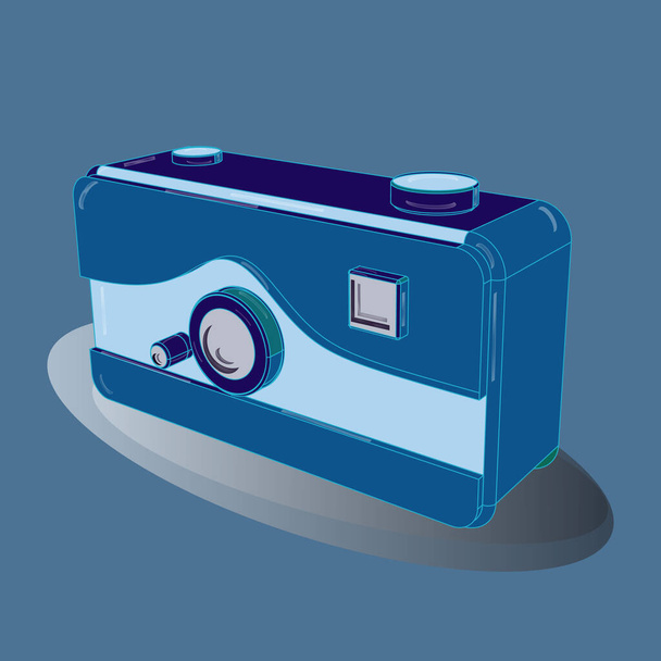 Vector illustration. Isometry. Design in gray, neutral and blue colors. 3D. Retro film photo camera isolated on background. - Vector, Image