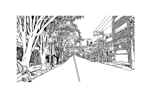 Print Gebouw uitzicht met bezienswaardigheid van Ciudad Valles is de in Mexico. Handgetekende schets illustratie in vector. - Vector, afbeelding