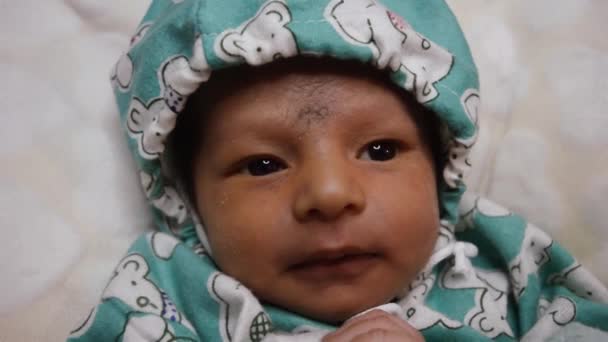 新生児の周りを見回す。美しい新生児の男の子のクローズアップ(20日間) 。暖かい服に包まれた子供は笑顔で見上げ. - 映像、動画
