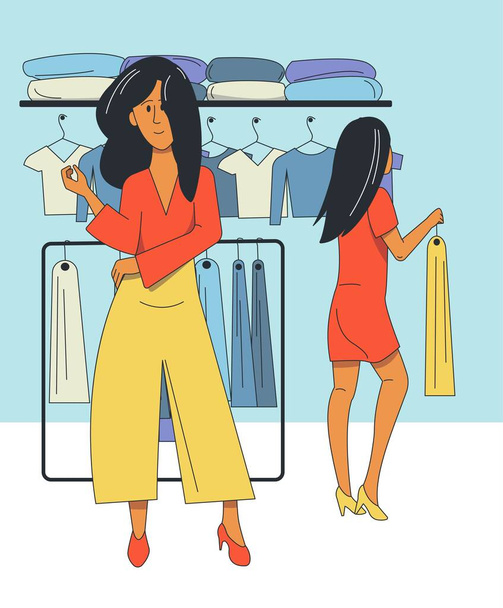 Girls in a clothing store shopping. Sale, shopping, vector characters. - Vector, Image