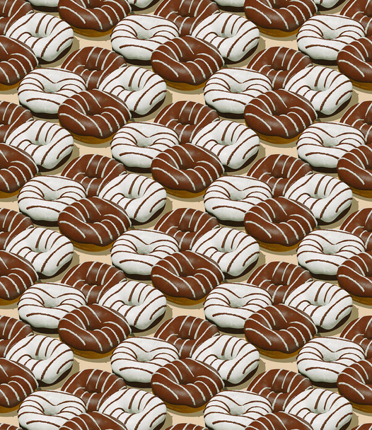 シームレスなアイソメトリック3Dレンダリングパターン。黒と白のチョコレートドーナツ。ミニマルデザイン。ドーナツ恋人、レストラン、ベーカリーキャンディーショップ、フードデリバリーコンセプト - 写真・画像