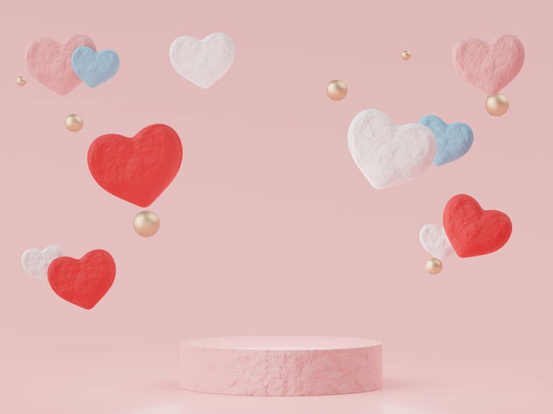 3D-Darstellung einer minimalen Szene eines leeren Podiums mit Valentinstag-Thema. Displayständer zur Produktpräsentation aufgesetzt. Zylinderbühne in süßer rosa Farbe mit schlichtem Design. Süßer Hintergrund - Foto, Bild