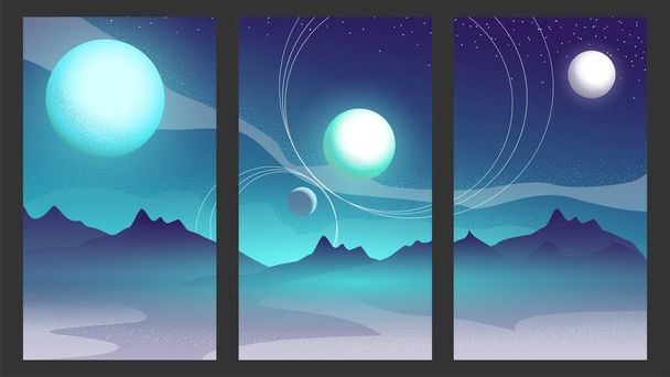 Set of three posters with abstract cosmic landscape with planets and sattelies in the sky. Vector illustration for posters, banners, social media advertising. - Vector, Image