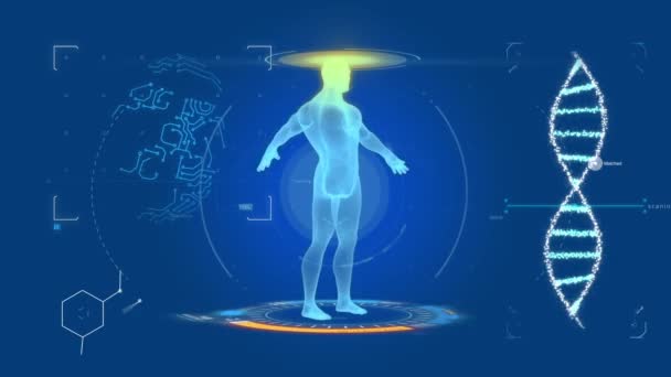 Projection holographique d'une personne. Test et analyse. Étude du corps humain, médecine du futur. CAT haute définition. Scan humain. ADN, empreinte digitale - Séquence, vidéo