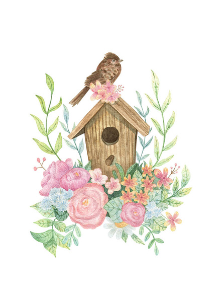 Illustrazione di primavera ad acquerello disegnata a mano. Composizione con birdhouse, uccelli, fiori rosa ed erbe per stampare cartoline, cancelleria, design, manifesti, tessuti, ecc.. - Foto, immagini