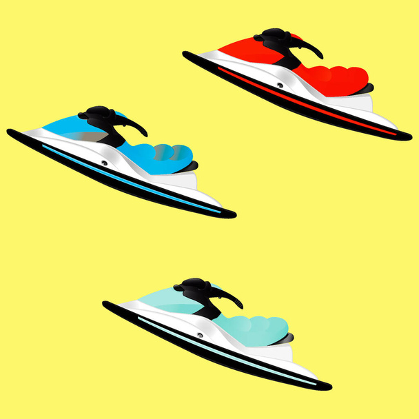 Ilustración sobre el tema de los deportes extremos de verano: tres motos acuáticas sobre un fondo cuadrado - Vector, imagen