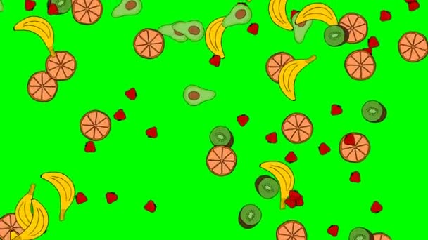 Ručně kreslené tropické ovoce padající na zeleném pozadí obrazovky. Grafika pohybu spořiče 4K. Avokádo, kiwi, pomeranče, banány a jahody jsou zdravé jídlo. - Záběry, video