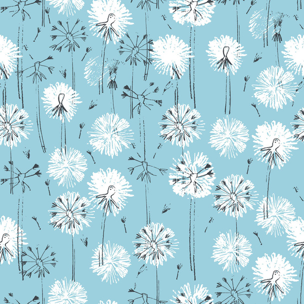 Απρόσκοπτη μοτίβο με ζωγραφισμένα στο χέρι λουλούδια πικραλίδα σε μπλε φόντο - Διάνυσμα, εικόνα