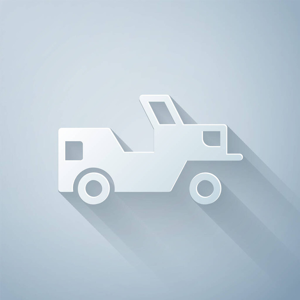 Corte de papel Icono de jeep militar aislado sobre fondo gris. Estilo de arte de papel. Vector. - Vector, imagen