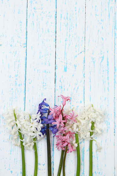 Beautiful hyacinths on color wooden background - Foto, Imagem