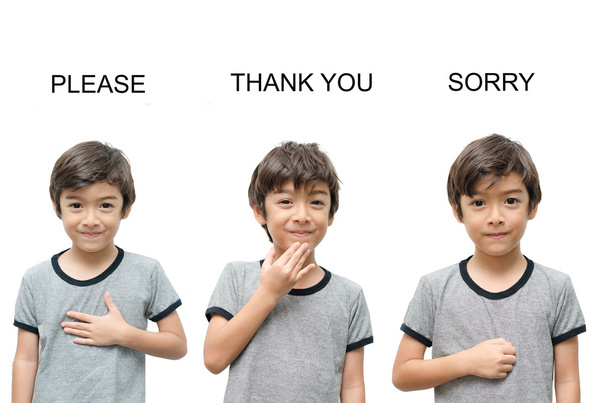 παρακαλώ ευχαριστώ συγγνώμη παιδί χέρι νοηματική γλώσσα σε λευκό αμουδερές - Φωτογραφία, εικόνα