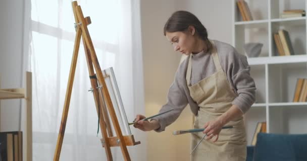 hobby en casa durante el autoaislamiento, artista mujer está pintando cuadro sobre lienzo en sala de estar, retrato medio - Metraje, vídeo