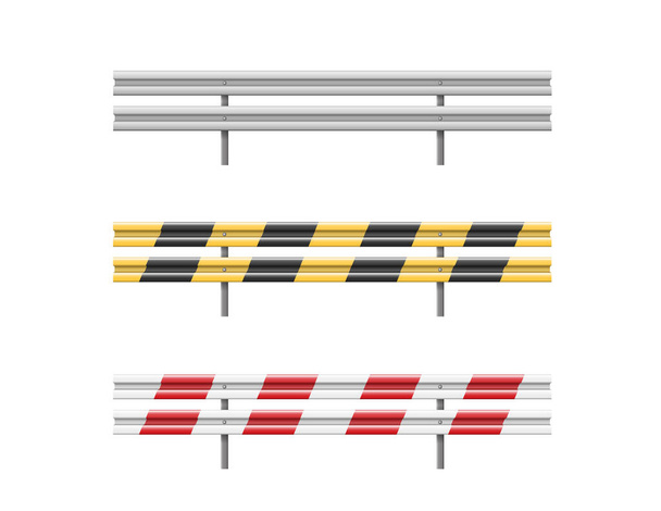 Metalen wegversperringen. Rode, zwarte, gele en witte verkeersveiligheidsuitrusting - Vector, afbeelding