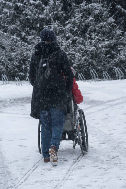 trasporto e mobilità di una persona handicappata in sedia a rotelle in inverno - Foto, immagini