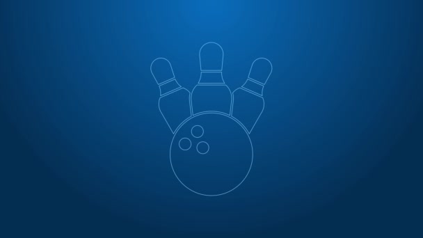 White line Bowling pin and ball icon isolated on blue background. Sport equipment. 4K Video motion graphic animation - Footage, Video