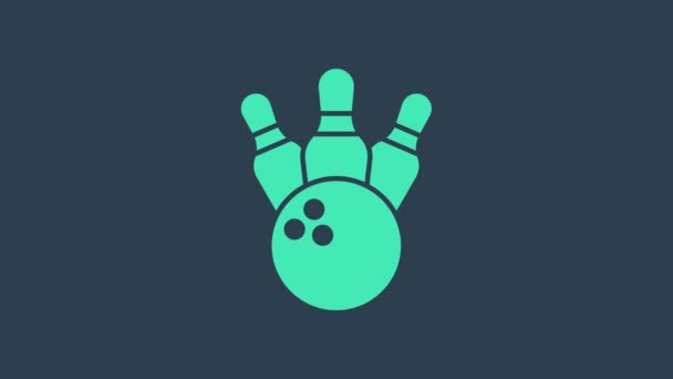 Türkis Bowlingnadel und Ball-Symbol isoliert auf blauem Hintergrund. Sportgeräte. 4K Video Motion Grafik Animation - Filmmaterial, Video