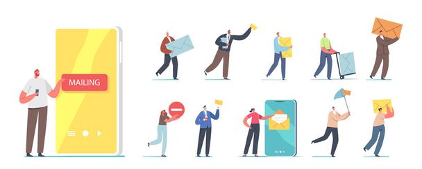 Senden und Empfangen von E-Mails. Winzige männliche und weibliche Figuren mit riesigem Smartphone, Postbote mit Paketkasten - Vektor, Bild