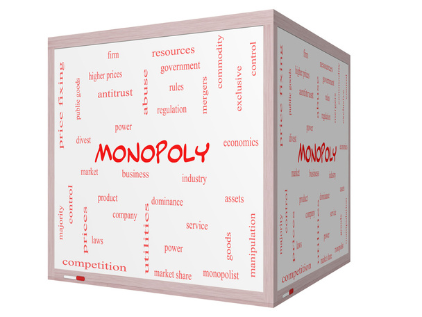 monopolie woord wolk concept op een 3d cube whiteboard - Foto, afbeelding