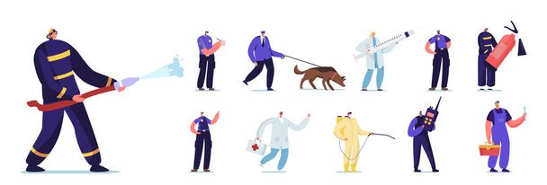 緊急労働者の集合。犬、消防士、医師と配管工と男性と女性のキャラクター警察官 - ベクター画像